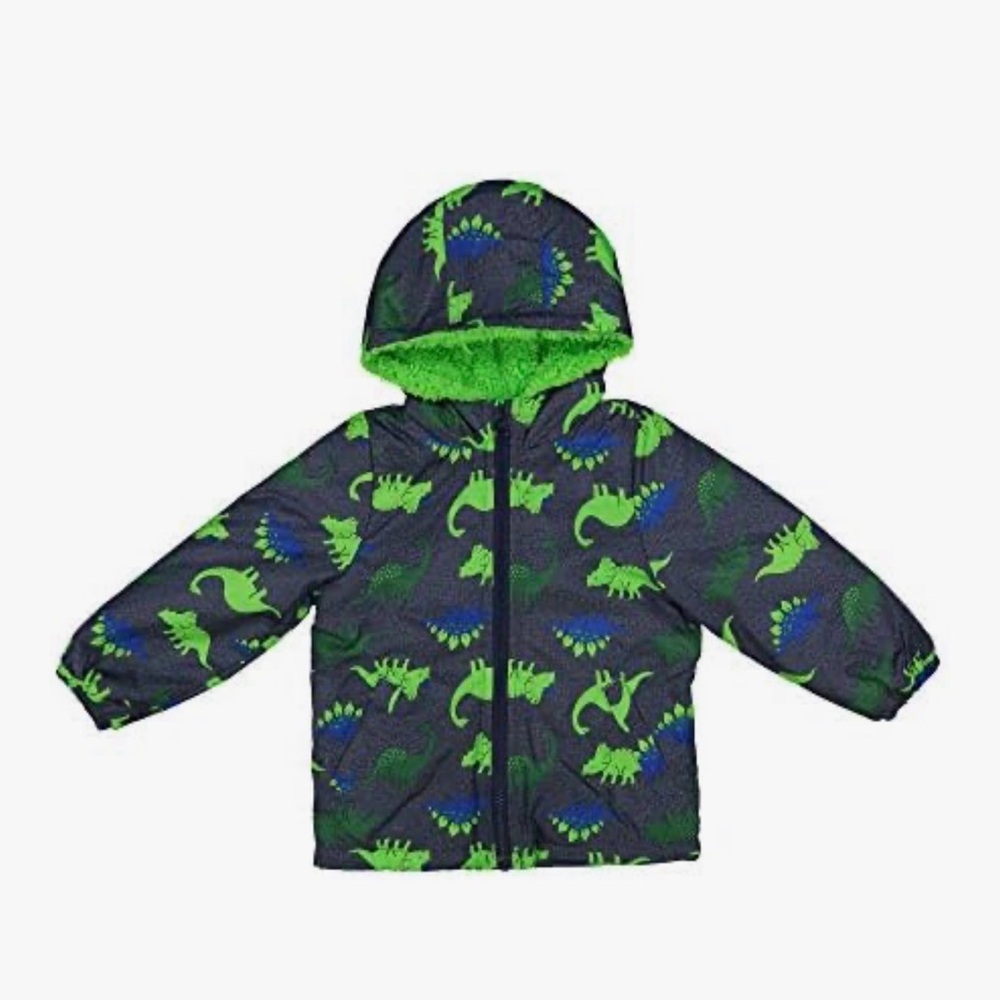 Kids Dinosaur Zippered Hooded Sherpa Lined Jacket Packable Travel Pillow Size 4T